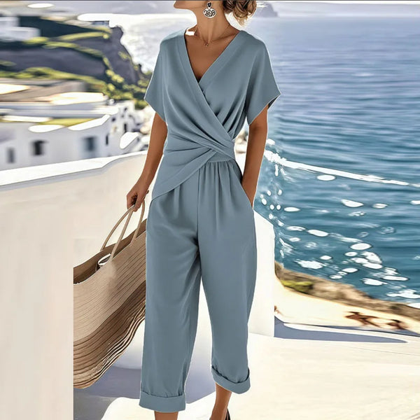 Women's Short-Sleeve V-Neck Jumpsuit - Casual Wide-Leg One-Piece