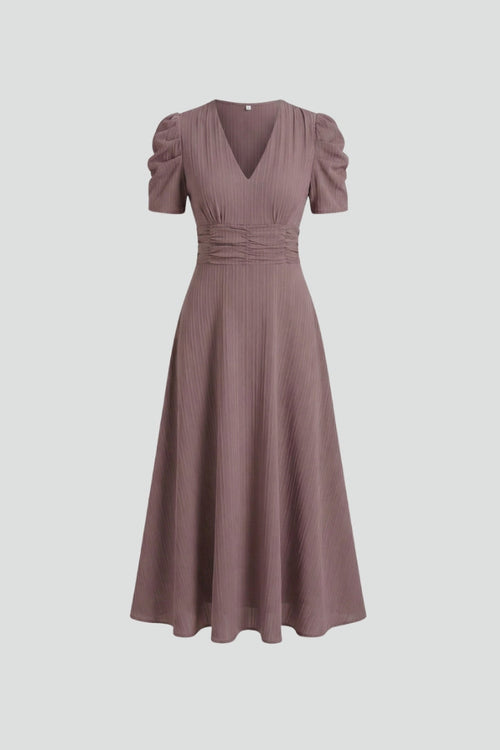 Women's V-Neck Midi Dress with Short Sleeves - Elegant Day & Occasion Dress