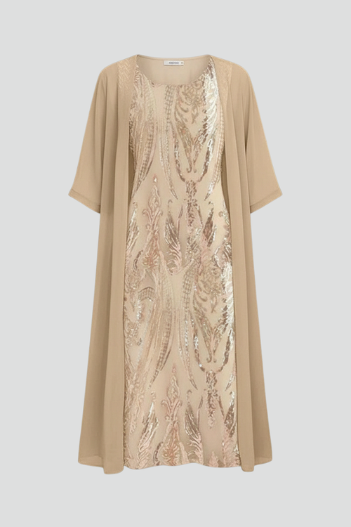 Women's Round-Neck Midi Dress with Short Sleeves - Elegant Day & Occasion Dress