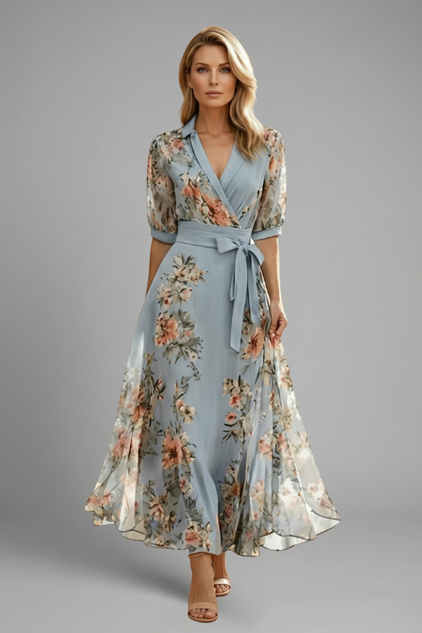 Women's Floral V-Neck Midi Dress - Elegant Summer Occasion Dress