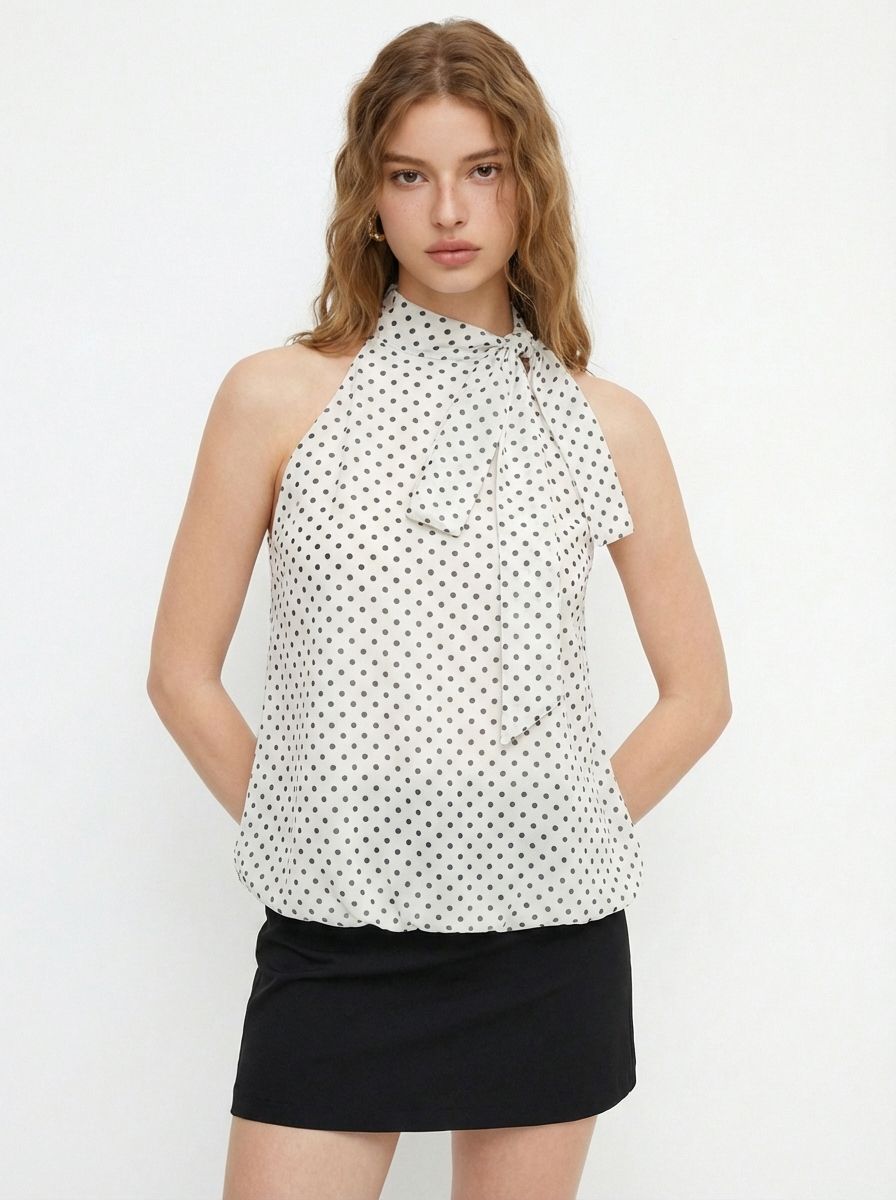 Chiffon Halter Neckline Polka Dot Knotted Oversized Blouse