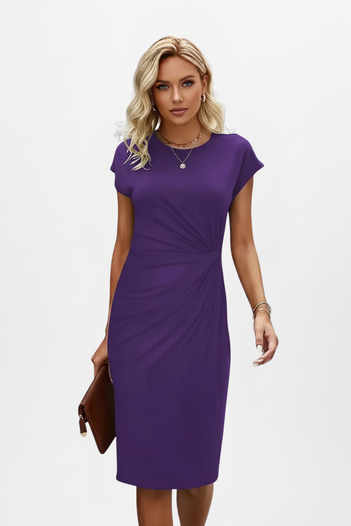 Women's Knee-Length Dress with Round Neck & Ruched Waist