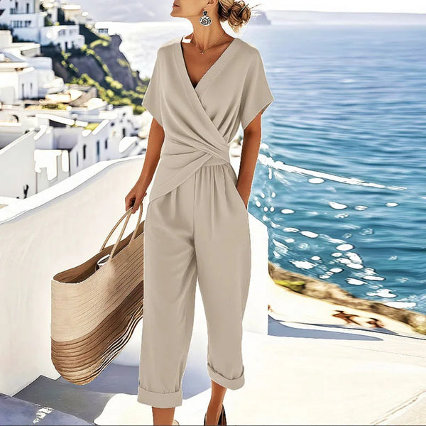 Women's Short-Sleeve V-Neck Jumpsuit - Casual Wide-Leg One-Piece