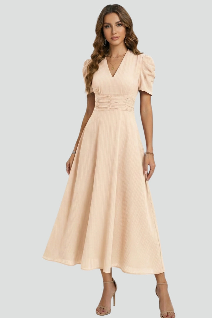 Women's V-Neck Midi Dress with Short Sleeves