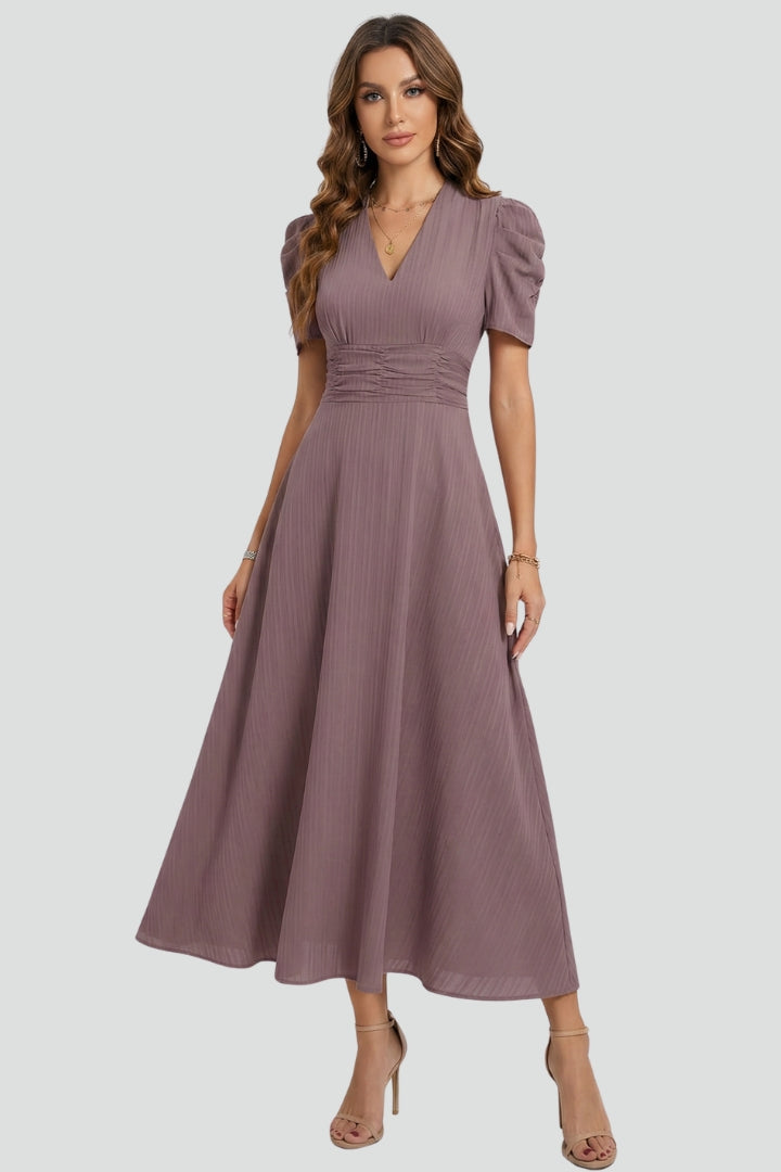 Women's V-Neck Midi Dress with Short Sleeves