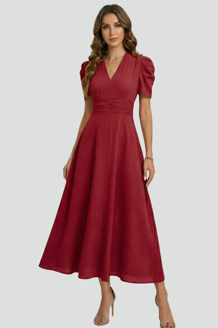 Women's V-Neck Midi Dress with Short Sleeves