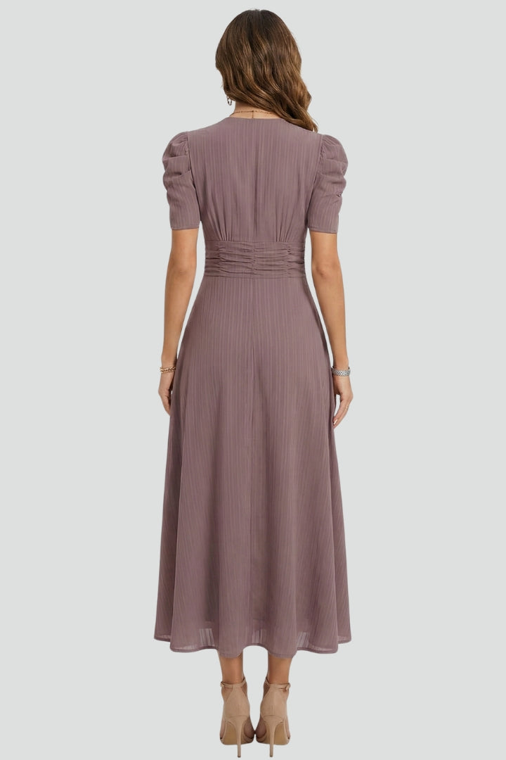 Women's V-Neck Midi Dress with Short Sleeves