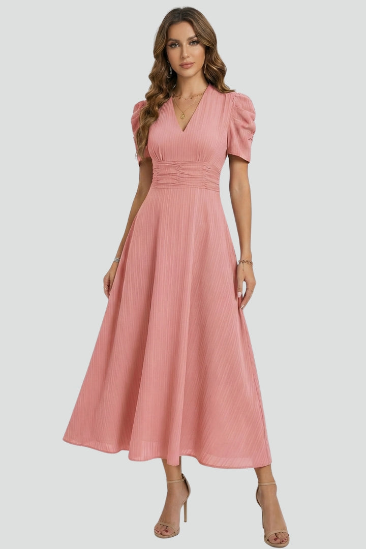 Women's V-Neck Midi Dress with Short Sleeves