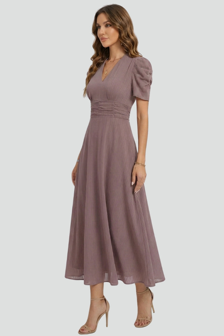 Women's V-Neck Midi Dress with Short Sleeves