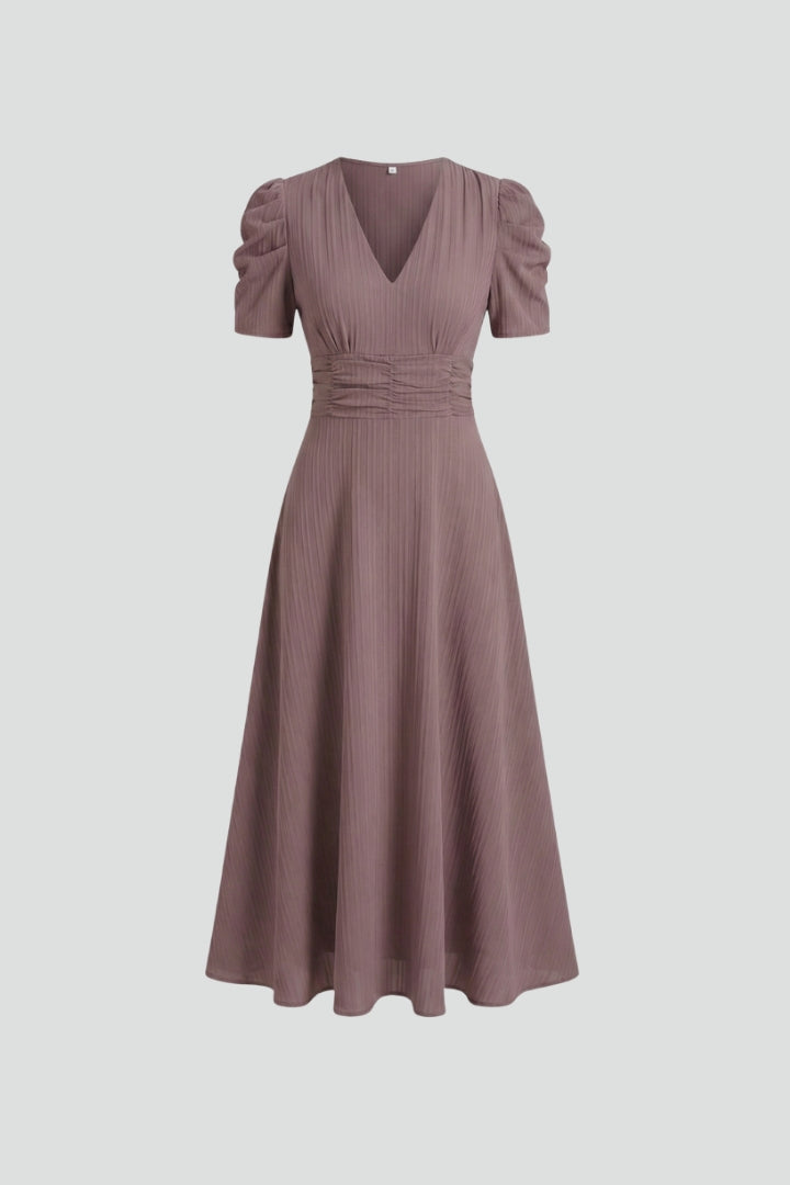 Women's V-Neck Midi Dress with Short Sleeves