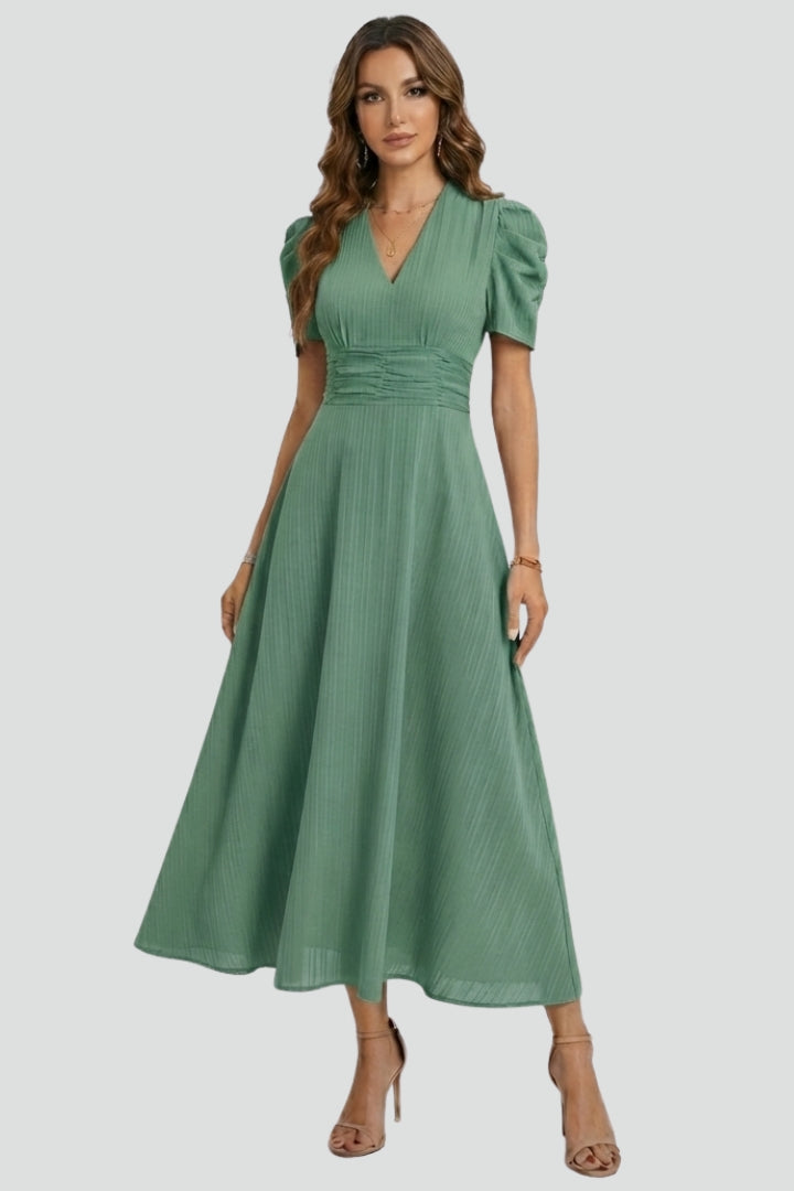Women's V-Neck Midi Dress with Short Sleeves