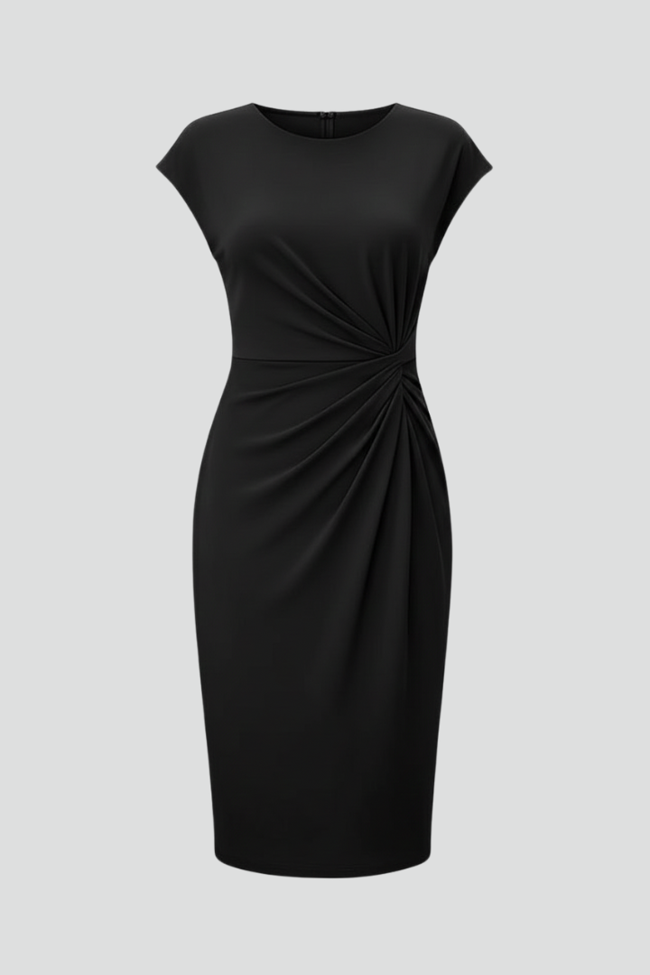 Women's Knee-Length Dress with Round Neck & Ruched Waist