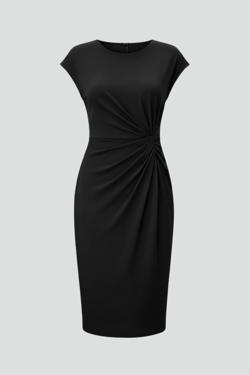 Women's Knee-Length Dress with Round Neck & Ruched Waist