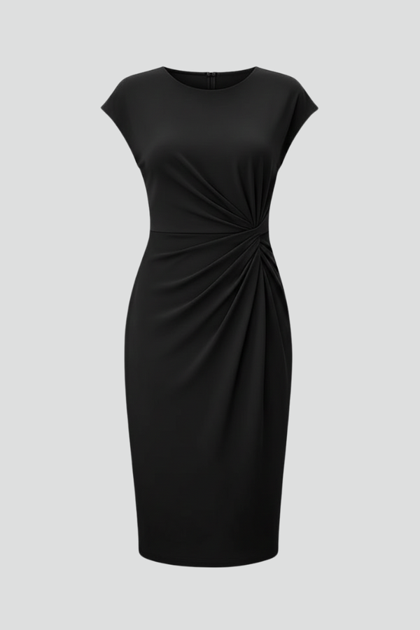 Women's Knee-Length Dress with Round Neck & Ruched Waist - Elegant Day Dress