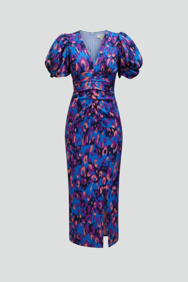 Women's Midi Dress with Puff Sleeves & Ruched Waist - Elegant Occasion Day Dress