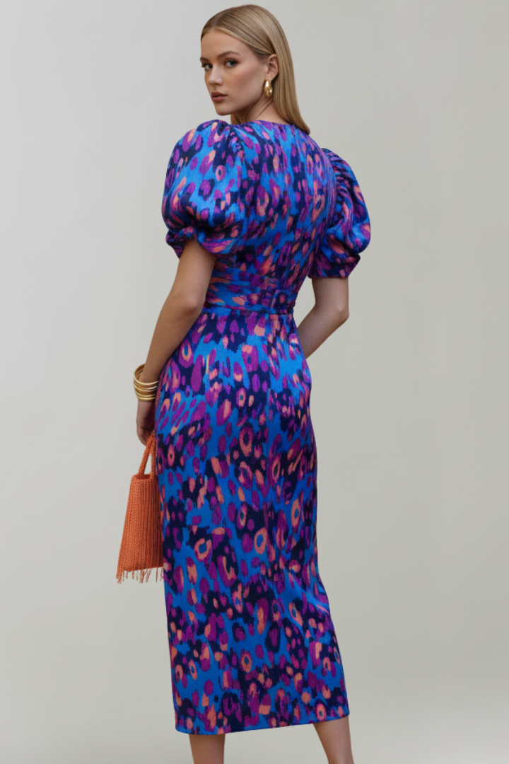 Women's Midi Dress with Puff Sleeves & Ruched Waist