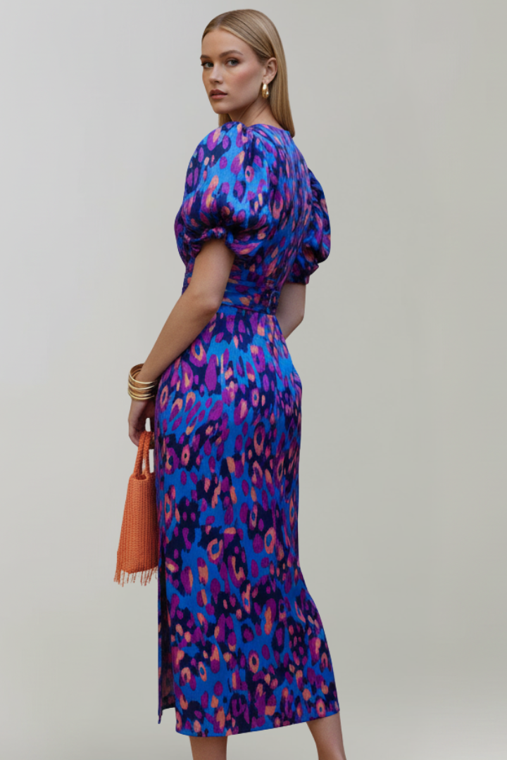 Women's Midi Dress with Puff Sleeves & Ruched Waist