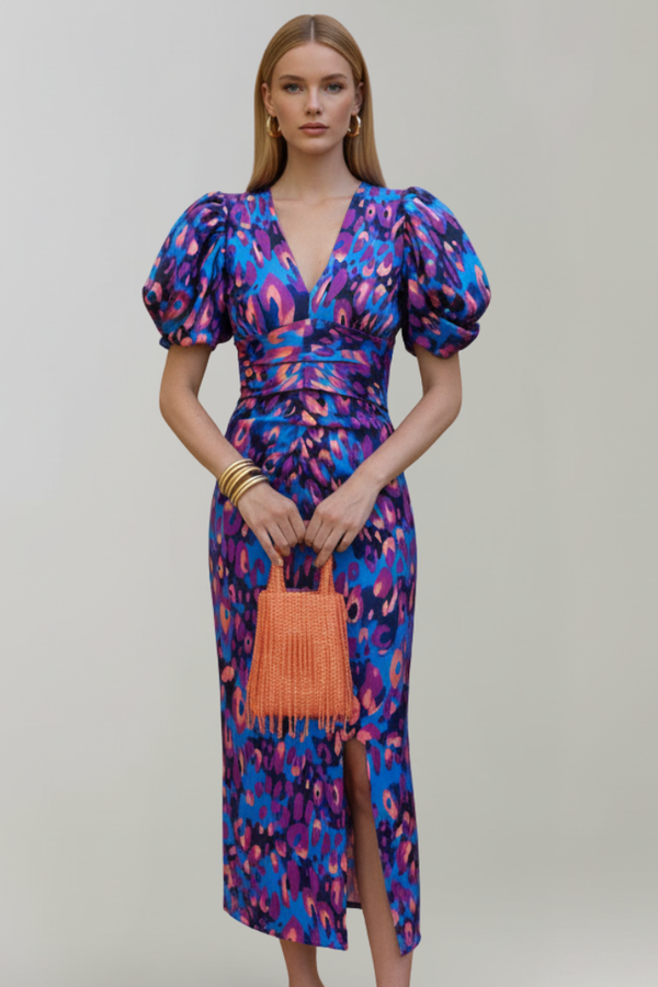 Women's Midi Dress with Puff Sleeves & Ruched Waist - Elegant Occasion Day Dress