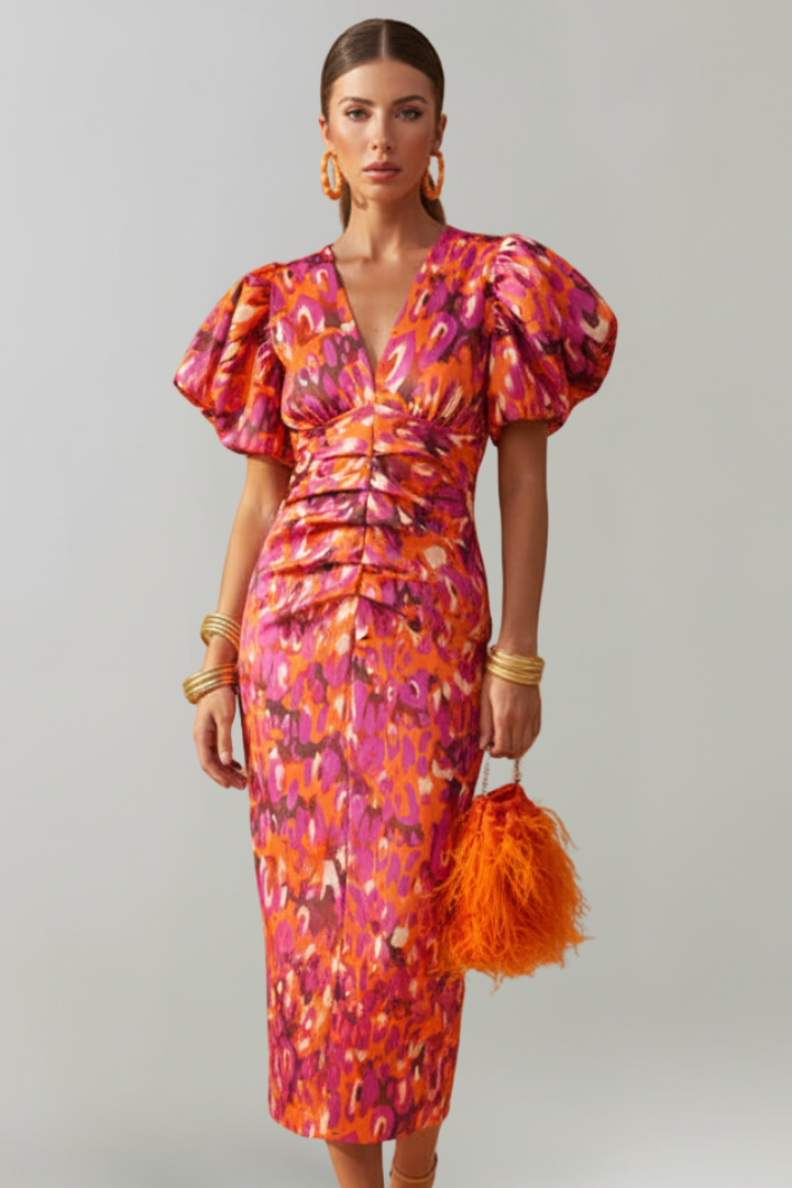 Women's Midi Dress with Puff Sleeves & Ruched Waist