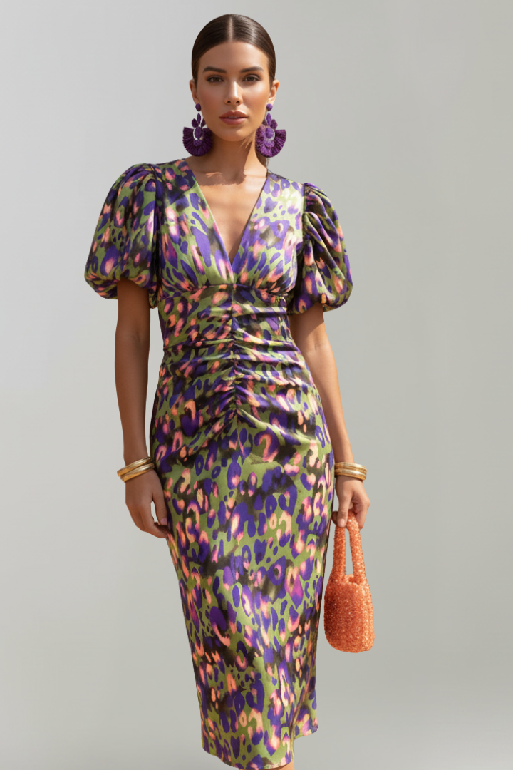 Women's Midi Dress with Puff Sleeves & Ruched Waist