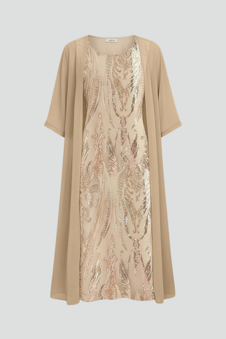 Women's Round-Neck Midi Dress with Short Sleeves