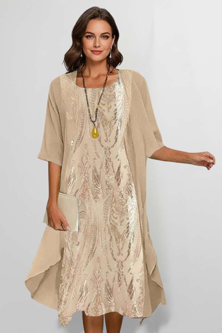 Women's Round-Neck Midi Dress with Short Sleeves