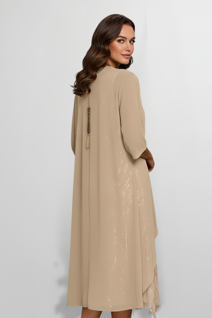 Women's Round-Neck Midi Dress with Short Sleeves