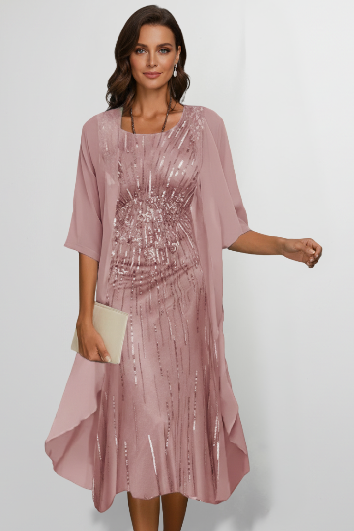 Women's Round-Neck Midi Dress with Short Sleeves