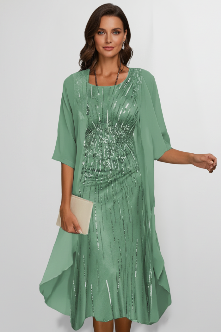 Women's Round-Neck Midi Dress with Short Sleeves