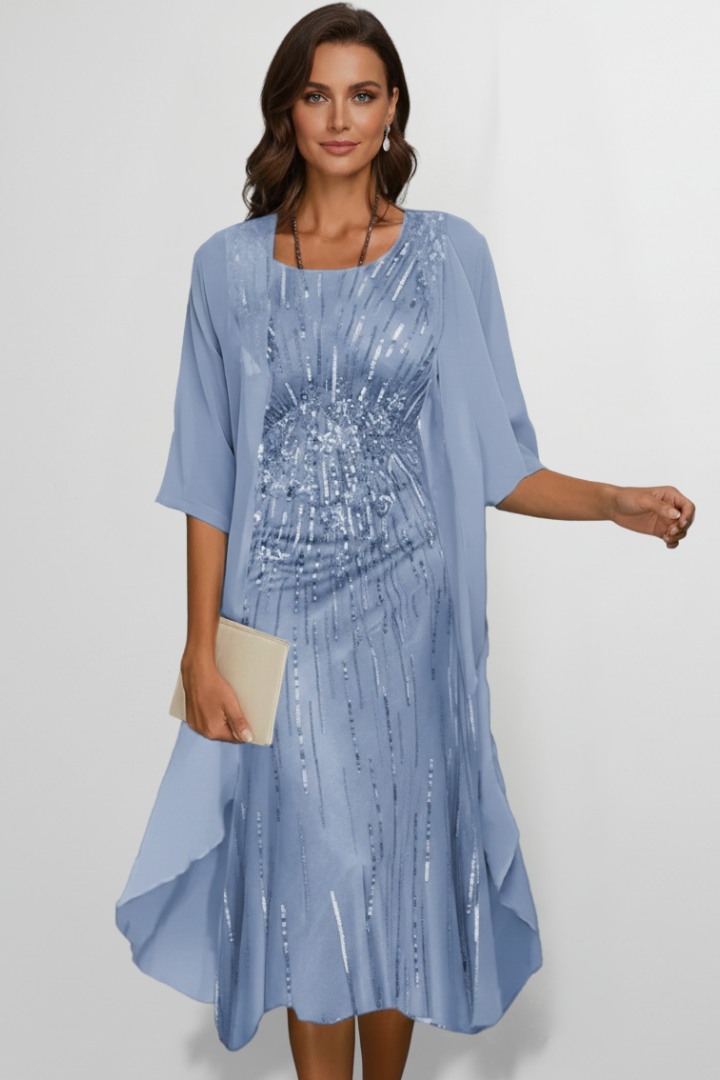 Women's Round-Neck Midi Dress with Short Sleeves