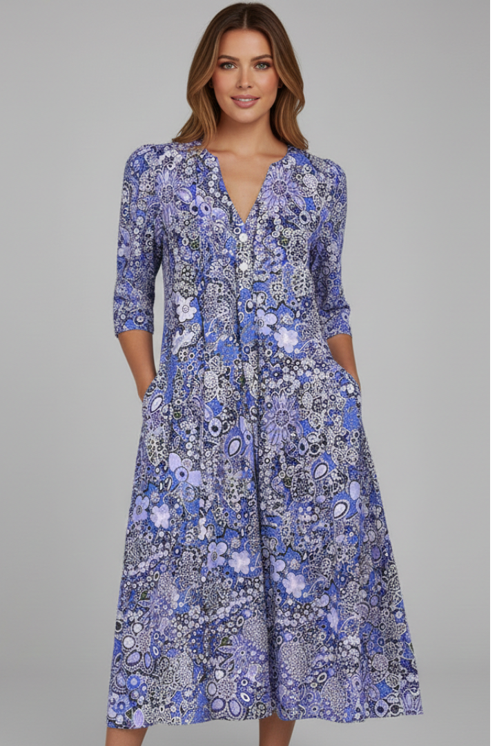 Women's V-Neck Midi Dress with Three-Quarter Sleeves