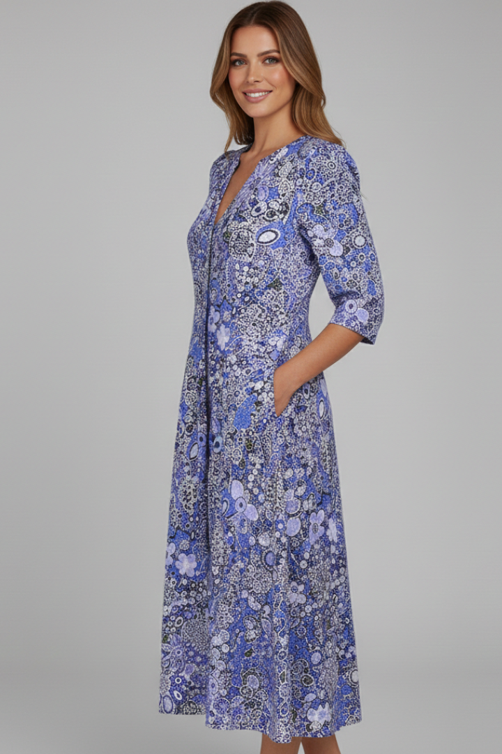Women's V-Neck Midi Dress with Three-Quarter Sleeves