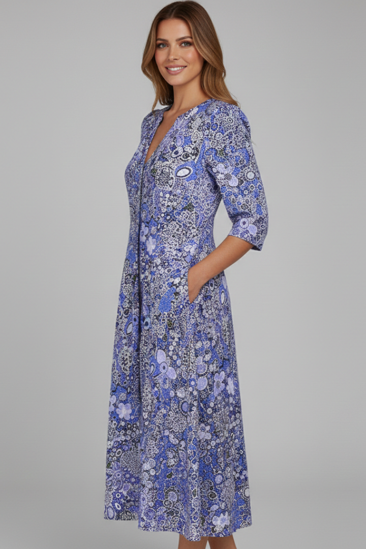 Women's V-Neck Midi Dress with Three-Quarter Sleeves