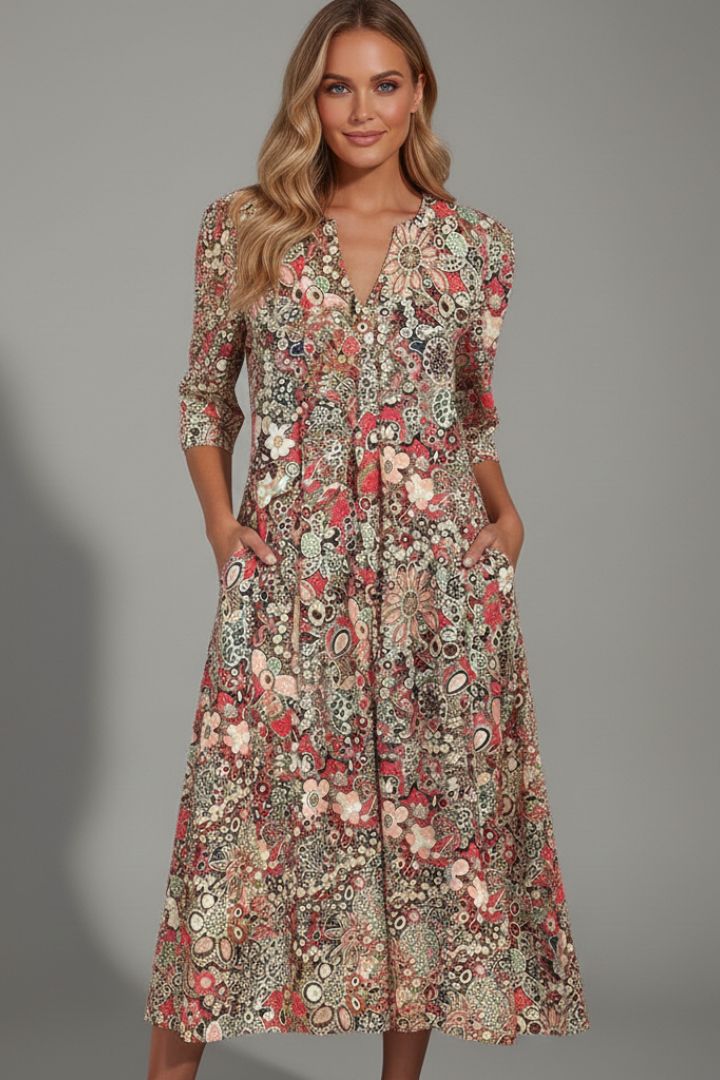 Women's V-Neck Midi Dress with Three-Quarter Sleeves