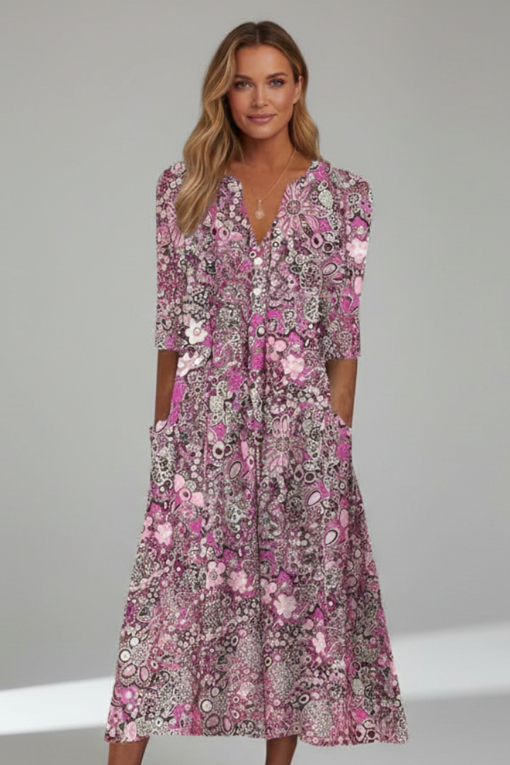 Women's V-Neck Midi Dress with Three-Quarter Sleeves