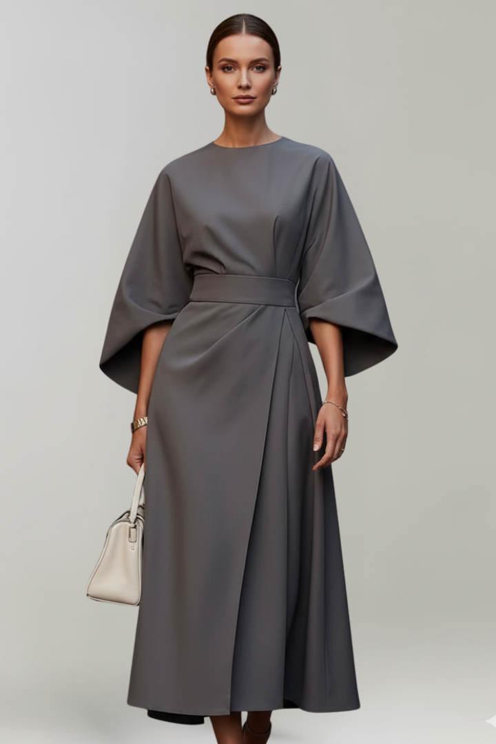 Women's Midi Dress with Wide Sleeves & Waist Belt