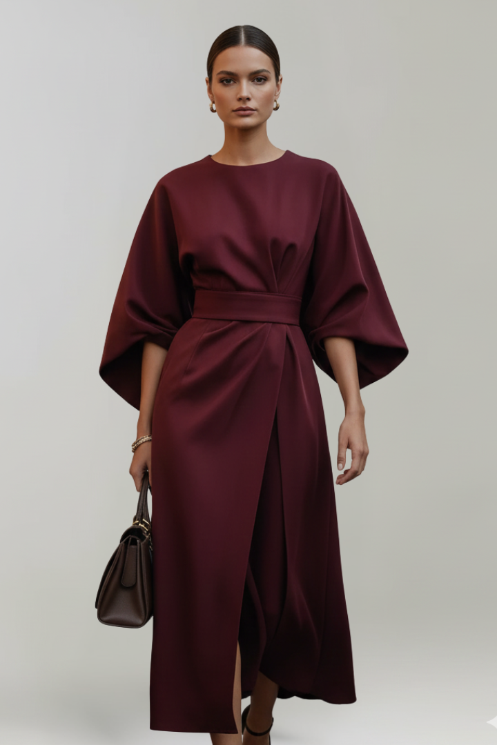 Women's Midi Dress with Wide Sleeves & Waist Belt