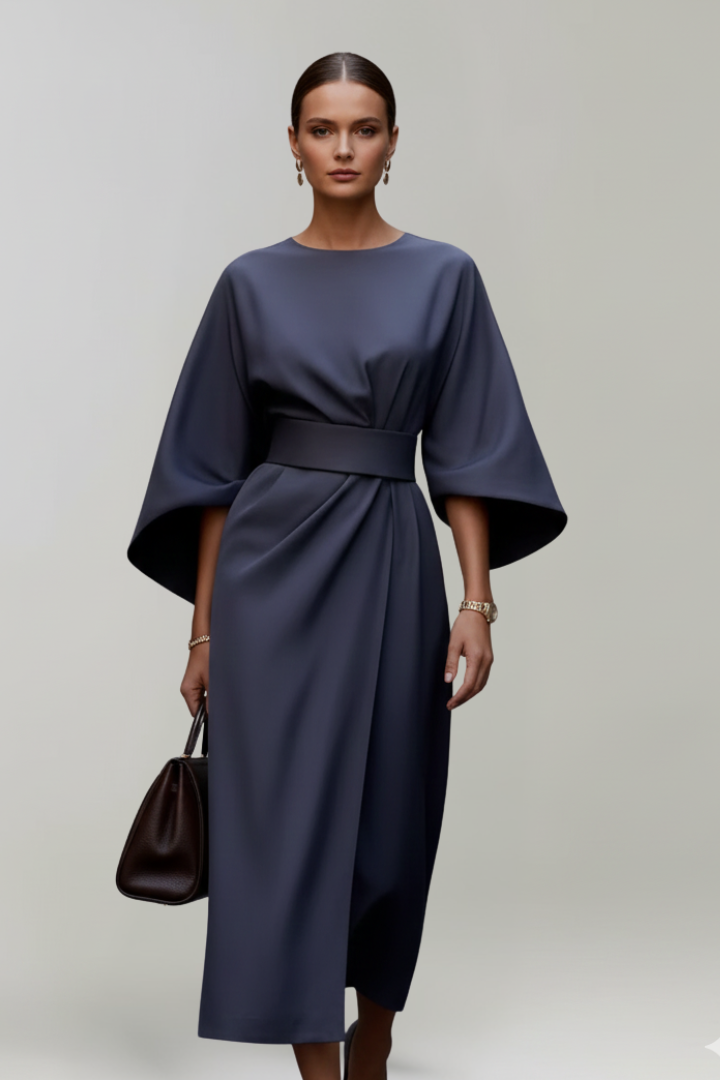 Women's Midi Dress with Wide Sleeves & Waist Belt