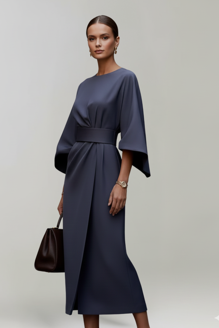 Women's Midi Dress with Wide Sleeves & Waist Belt