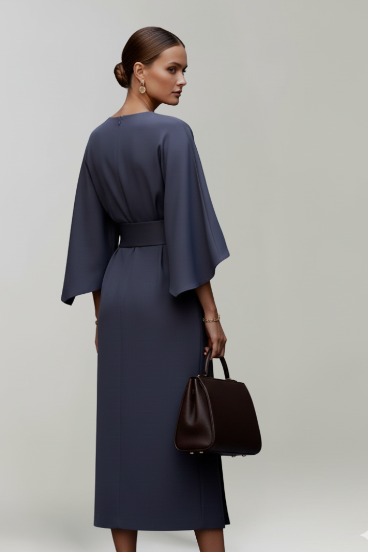 Women's Midi Dress with Wide Sleeves & Waist Belt