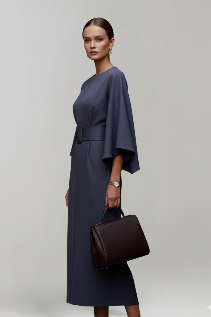 Women's Midi Dress with Wide Sleeves & Waist Belt