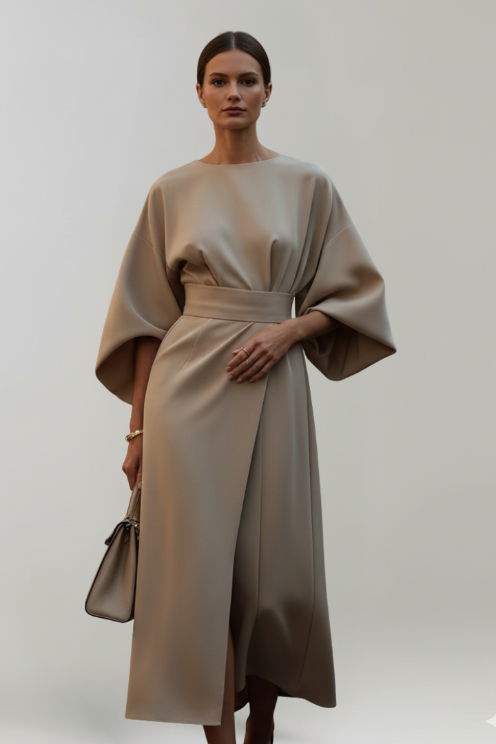 Women's Midi Dress with Wide Sleeves & Waist Belt