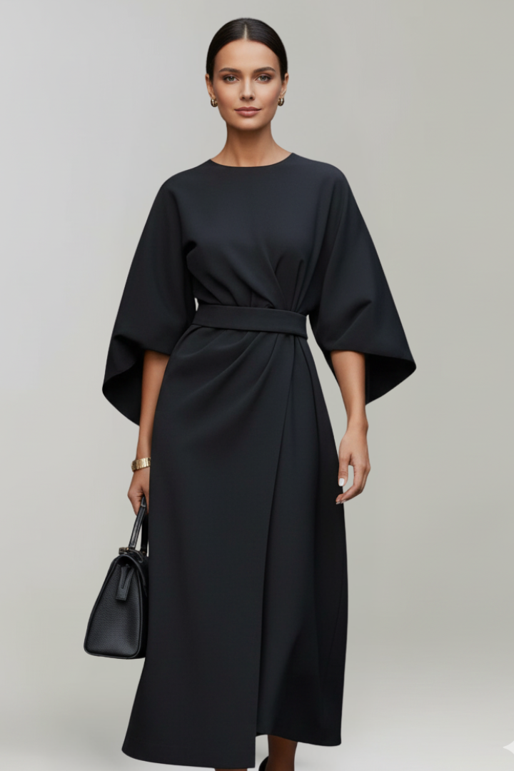 Women's Midi Dress with Wide Sleeves & Waist Belt