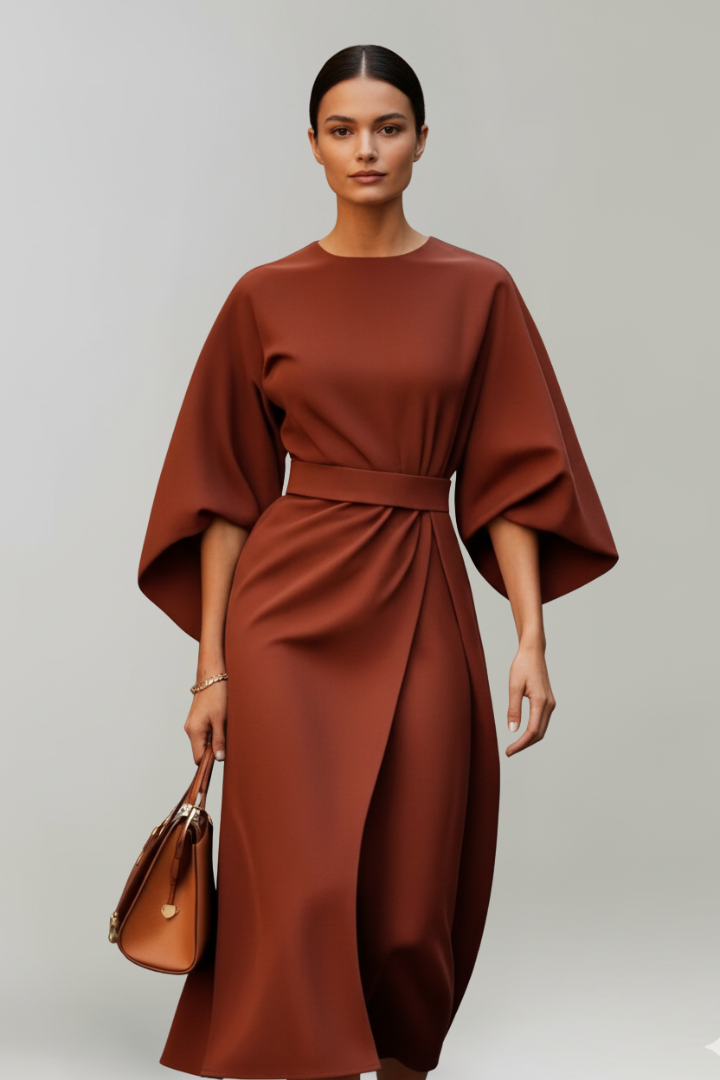 Women's Midi Dress with Wide Sleeves & Waist Belt