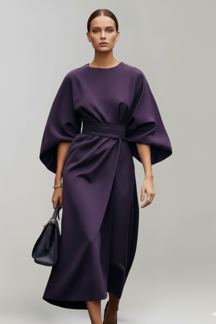 Women's Midi Dress with Wide Sleeves & Waist Belt