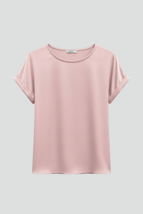 Women's Round-Neck T-Shirt with Rolled Sleeves - Casual Everyday Basic Top